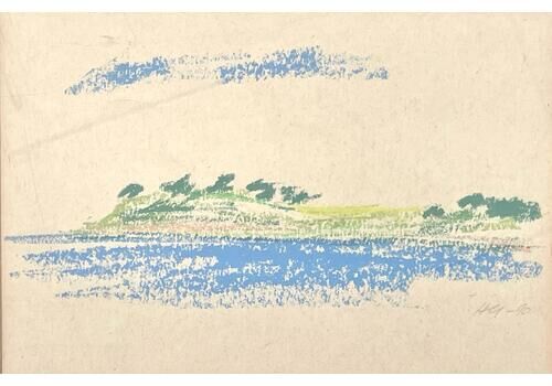 Vintage Original Pastel On Paper Minimalist Drawing Of Coast Landscape In Strong Colours By Hans Gregersen   Danish Art From The 1990s
