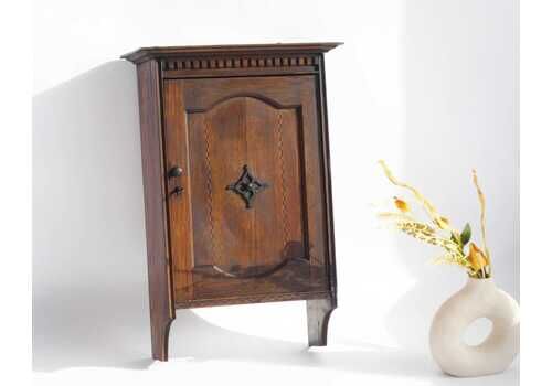Antique Dark Wooden Gothic Wall Cabinet With Marquetry Details, Apothecary With Carved Ornaments, Gothic Style Small Chest