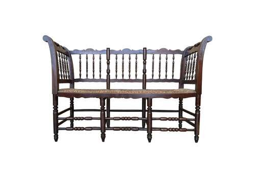 20th Century Catalan Bench In Solid Walnut With Caned Seat, Three Seats