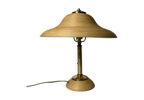 Pencil Reed Rattan Bamboo And Brass Table Lamp, Italy, 1970s