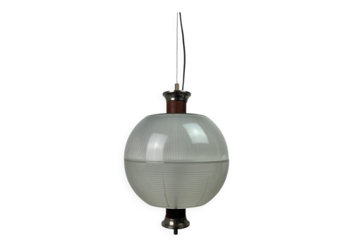 Midcentury Teak And Holophane Sphere Globe Pendant, Sergio Mazza,