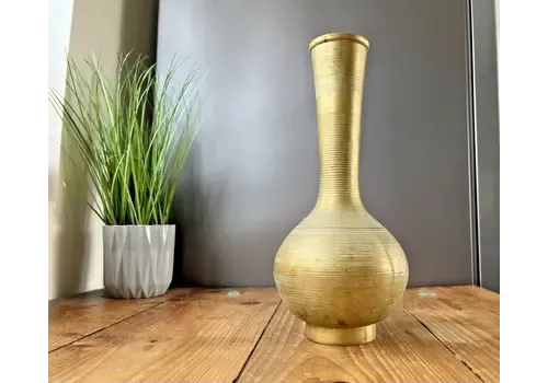 Decorative Antique Art Deco 12" Eastern Indian Sarna Brass Ribbed Bulbous Vase