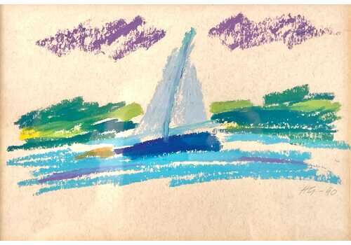 Abstract Minimalist Vintage Pastel On Paper Drawing Of Landscape By The Ocean With Sailboat By Hans Gregersen   Danish Art From The 1990s