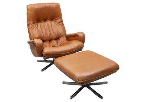 S231 Swivel De Sede Camel Leather Lounge Chair With Footstool, 1970s