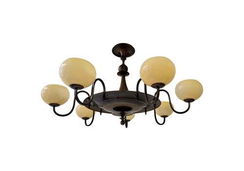 Antique French Brass Chandelier With Amber Opaline Glass – Early Art Deco, Circa
