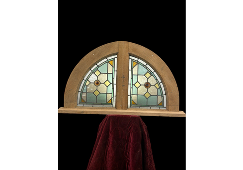 Antique Stained Glass Window Panel Solid Oak Reclaimed Period Old Arched Leaded
