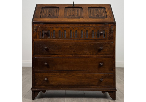 Antique 20th Century Linenfold Bureau In Oak