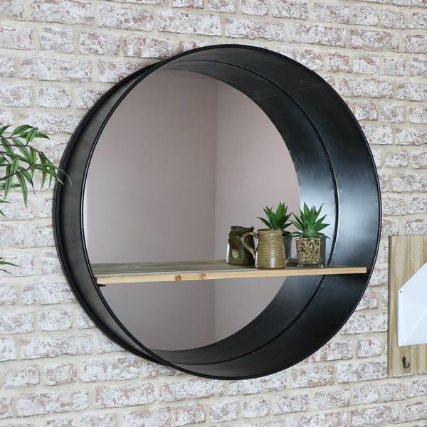 Large Round Industrial Mirror With Shelf 80cm X Vinterior Mirror With Shelf 80cm X