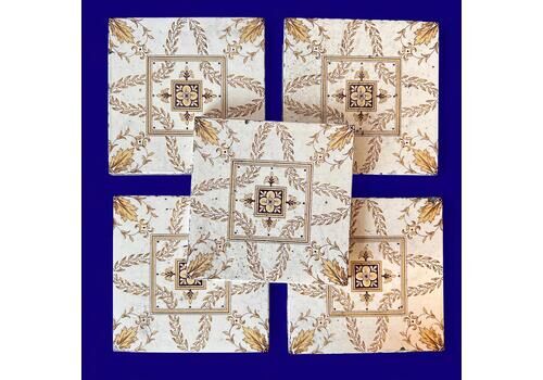 Antique Minton Victorian Tiles, 1891 Floral Transferware, Set Of 5, Yellow