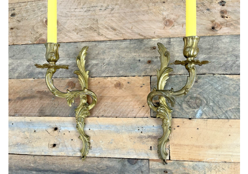 French Louis XV Style Rococo Gilt Bronze Ormolu Pair Wall Light Candle Sconces