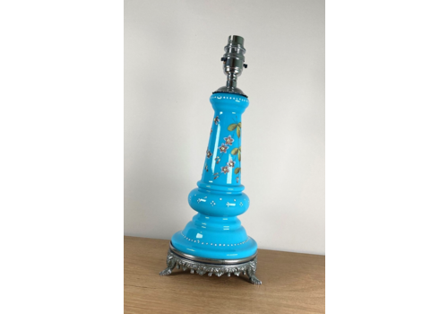 Antique Blue Opaline Glass Table Lamp Hand Painted C1900 Rewired