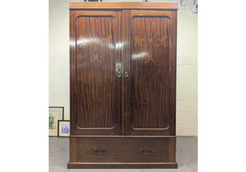 Edwardian Mahogany Inlaid Gentlemans Wardrobe Internal Fitted & Hanging