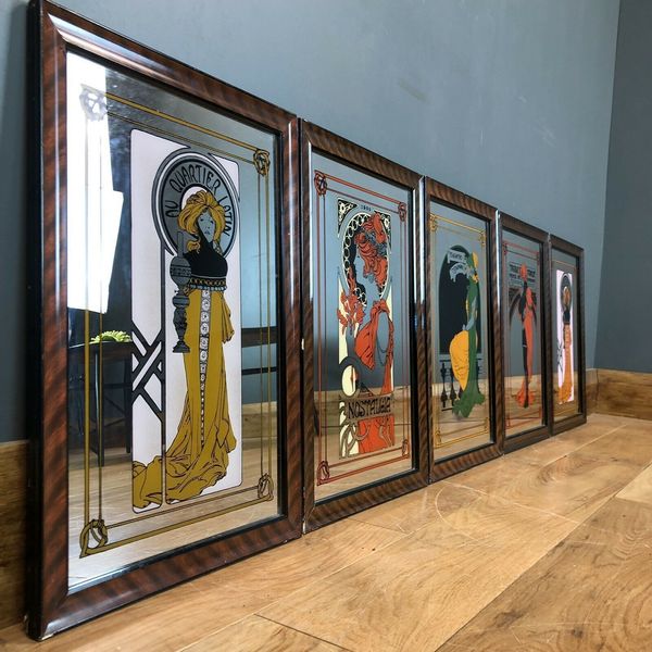 Vintage Antique Art Nouveau Set Of Five Framed Advertising Mirrors Gallery Wall