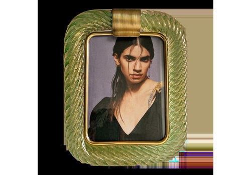 Mid Century Modern Style Green "Torchon" Murano Small Glass Picture Frame And Brass In Barovier Style