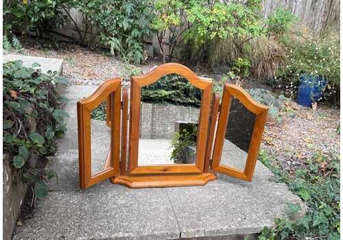 Vintage Pine Triple Vanity Mirror, Rustic Dressing Table Trifold Mirror With Arched Centre And Hinged Side Panels, 1980s Pine Mirror