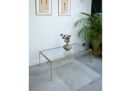 Mid Century Glass & Brass Painted Iron Coffee Table