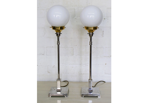 Pair Of Table Lamps Vintage Art Deco Style Tall Chrome Lamps Milk Glass Globes