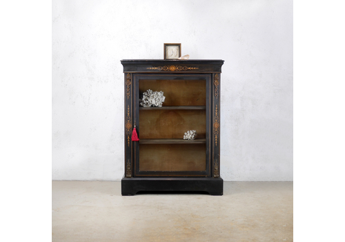Antique Victorian Ebonised Inlay Amboyna Pier Display Glazed Cabinet #102974