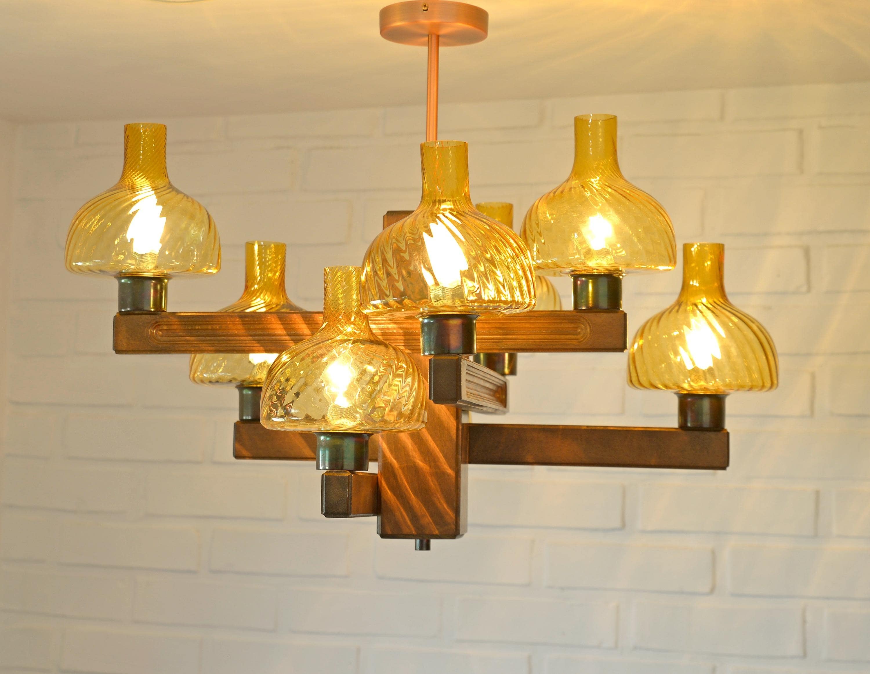 Large Vintage Wood Pendant Light Mid Century Massive Rustic