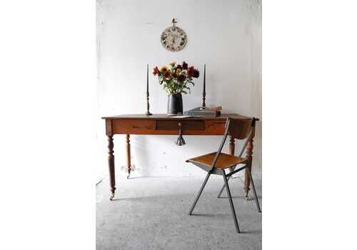 Striking French Refectory Table Or Large Desk On Castors With Original Paint