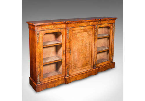 Antique Display Bookcase, English, Walnut, Breakfront Library Cabinet, Regency