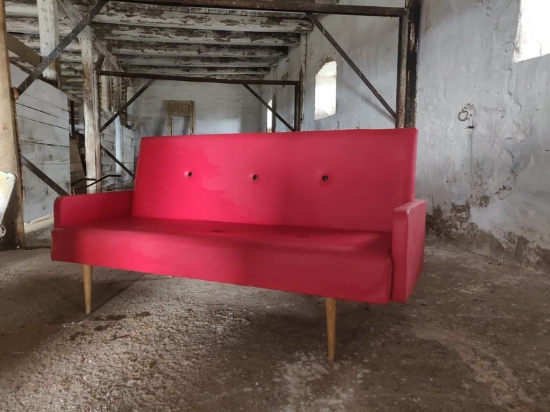 Vintage 3 Seater Timber Rockafella Sofa Sleek With Red Vinyl