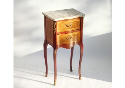 Antique Tall Louis XV Style Nightstand With White Marble Top, French Side Table With Inlaid Details And Brass Fittings, Small Chest