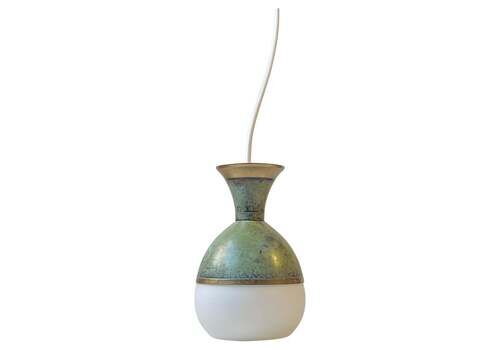 Art Deco Revival Pendant Lamp In Green Verdigris Bronze & White Glass