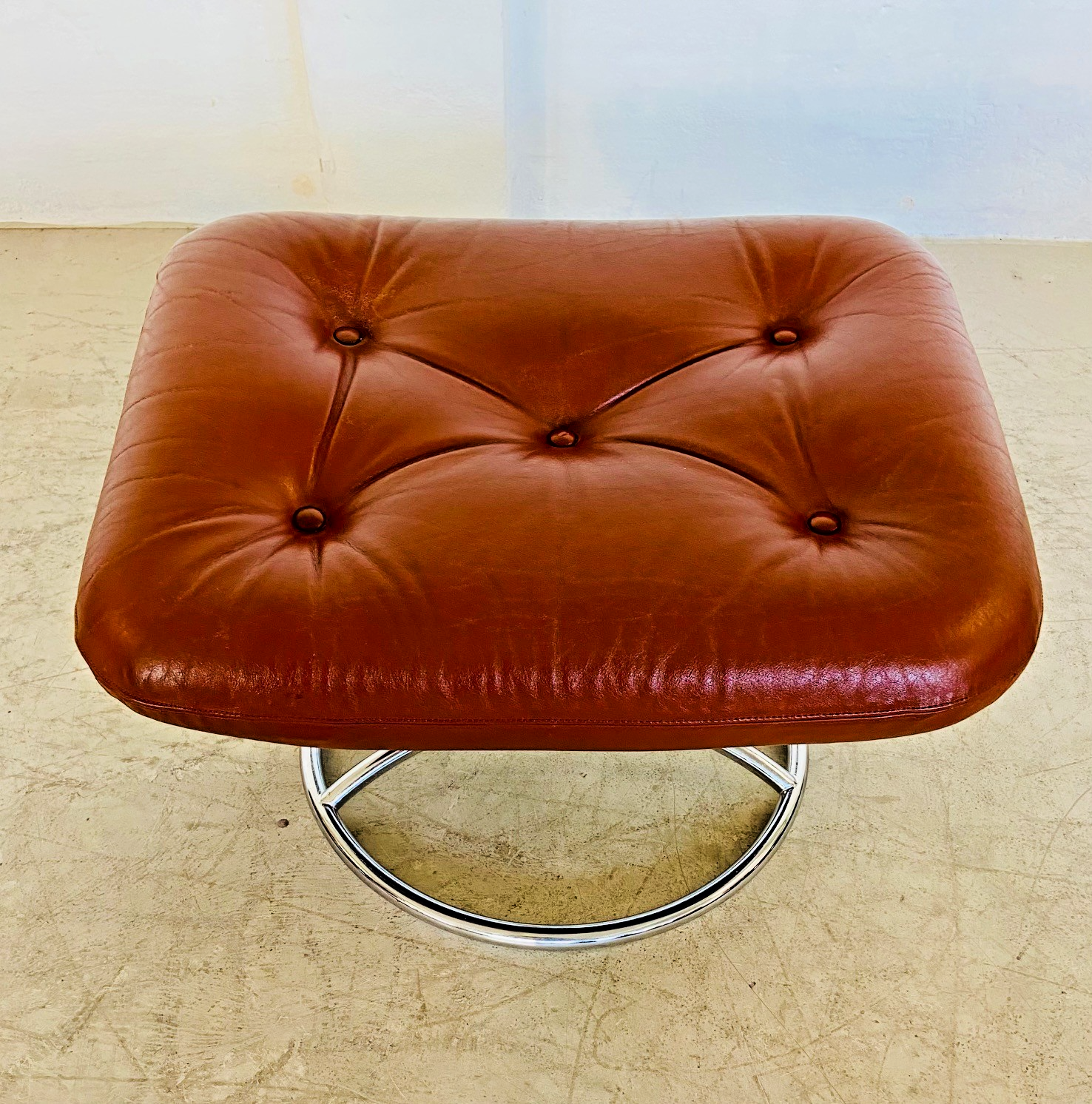 Vintage Scandinavian Ekornes Leather Footstool Ottoman Cognac