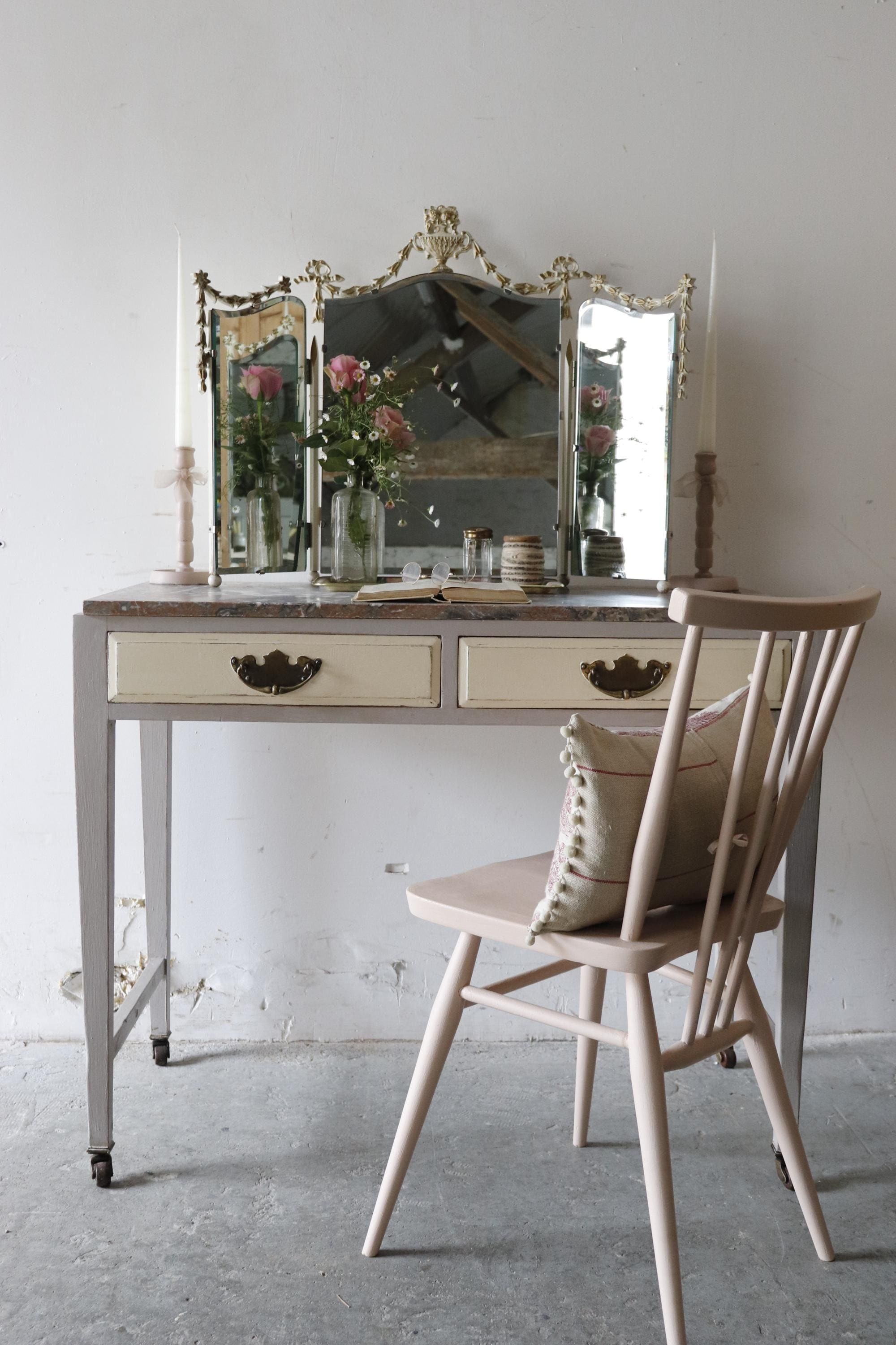 Elegant Painted Vintage Washstand Or Dressing Table On Castors With Pink  And Grey Marble Top | Vinterior