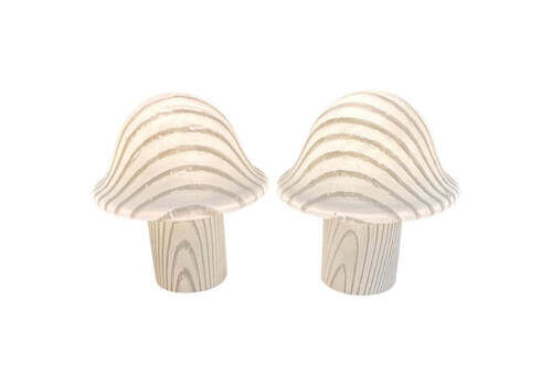 Pair Of Large 1970s Space Age Peill & Putzler Striped White Silky Glass Mushroom Table Lamps