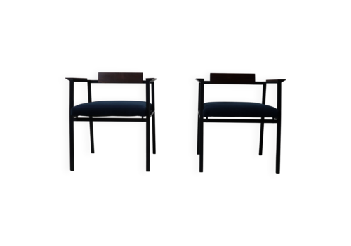 Pair Of Postmodern Armchairs In Steel And Mahogany, 1970s