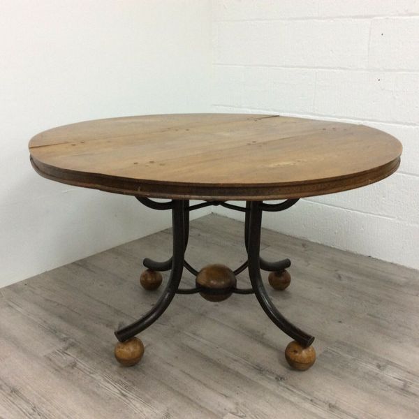 Vintage Round English Elm Wrought Iron Farmhouse Country Kitchen Dining Table