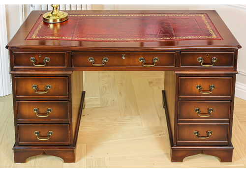 Antique Style Mahogany Serpentine Twin Pedestal Leather Top Writing Desk