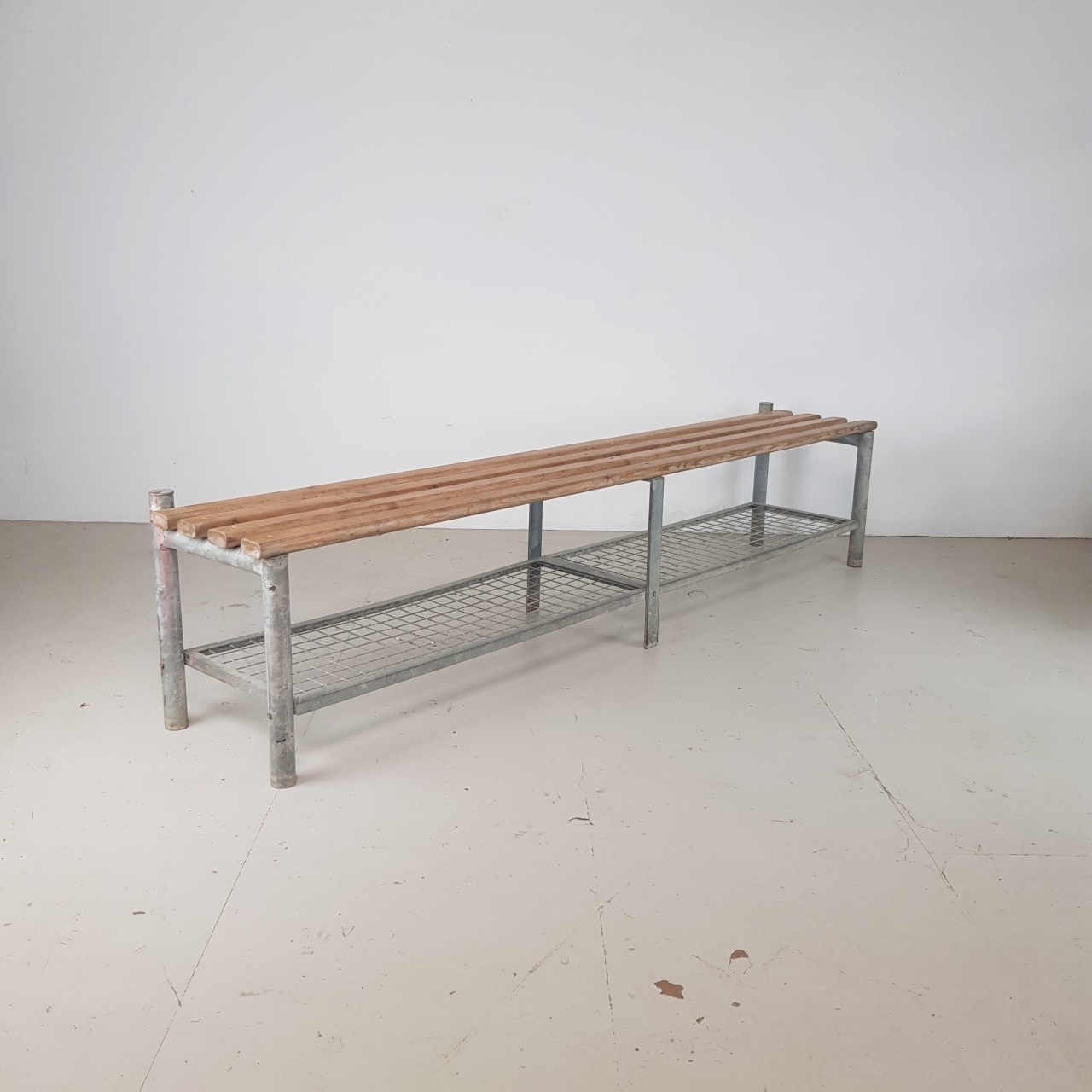 Vintage Industrial Small Wire Mesh And Wooden Shoe Rack Bench