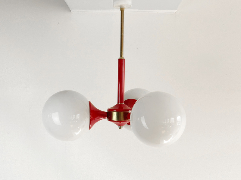 Space Age Light Red Metal Ceiling Lamp With 3 Glass 1960s Space Age Light Red Metal Ceiling Lamp With 3 Glass 1960s Vinterior