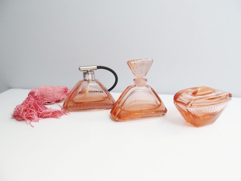 Art Deco Vintage Glass Perfume Set 3 Piece Vanity With Powder Bowl Bottle And Atomizer Pink