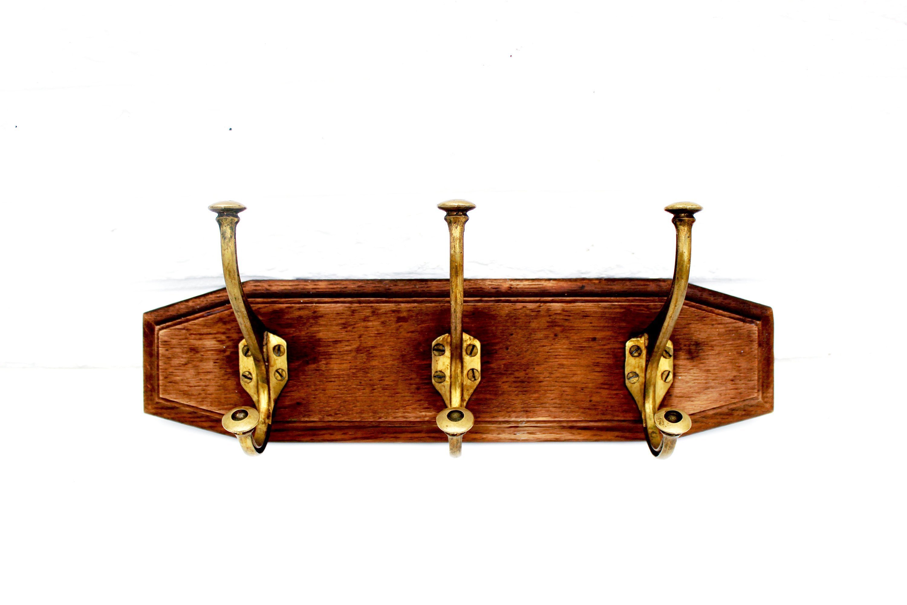 Vintage Brass And Wood Wall Hanging Coat Rack Hat Rack