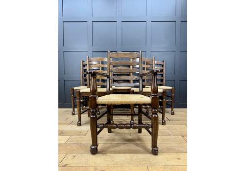 Set Of 6 Vintage Oak Ladderback Dining Chairs With Rush Seats Inc Carver