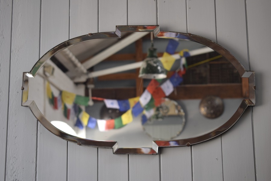 Vintage Mirror Oval With Tabs Bevelled Edged Art Deco Chain