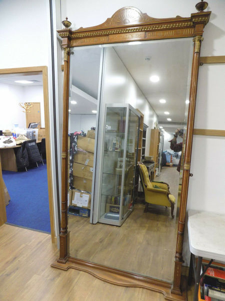 Antique Edwardian Large 8 X4 Walnut Gilt Freestanding Full Length Mirror Column