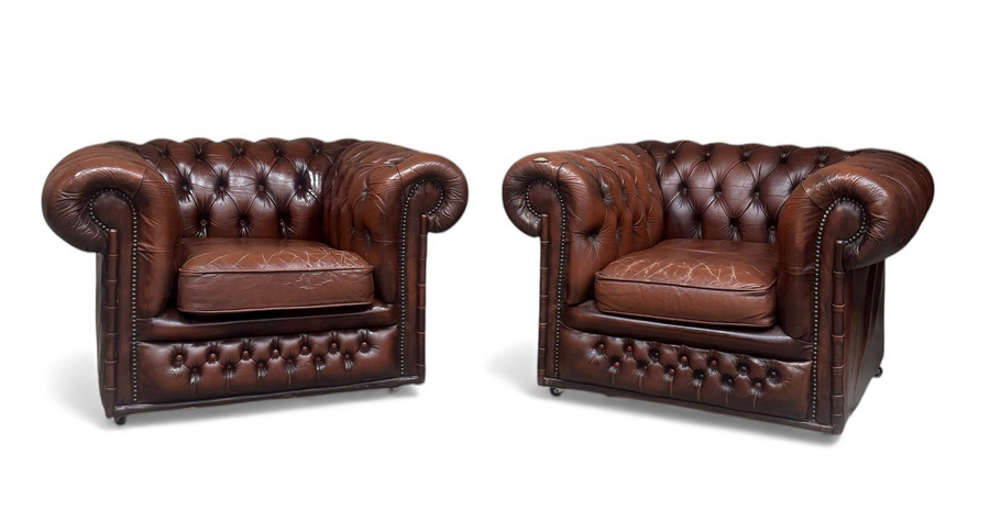 Pair Of Vintage Brown Leather Chesterfield Armchairs Club Chairs ...
