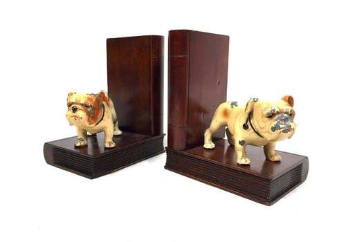 Antique Pair Of Art Deco Bulldog Dog Cats Iron Painted Bookends Book Ends C.1930