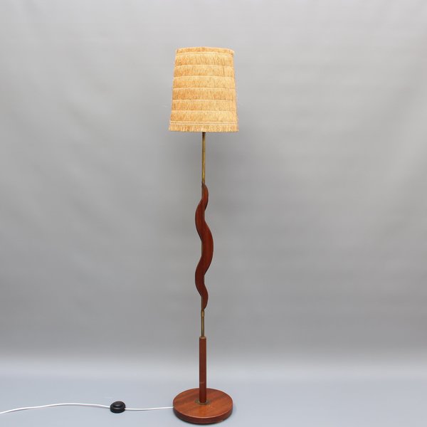 Mid Century French Wooden And Brass Floor Lamp Circa 1950s