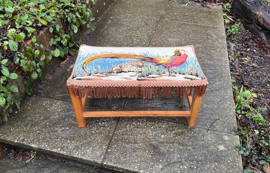 Retro Wooden Footstool With Woven String Seat Covered In A Handwoven ...