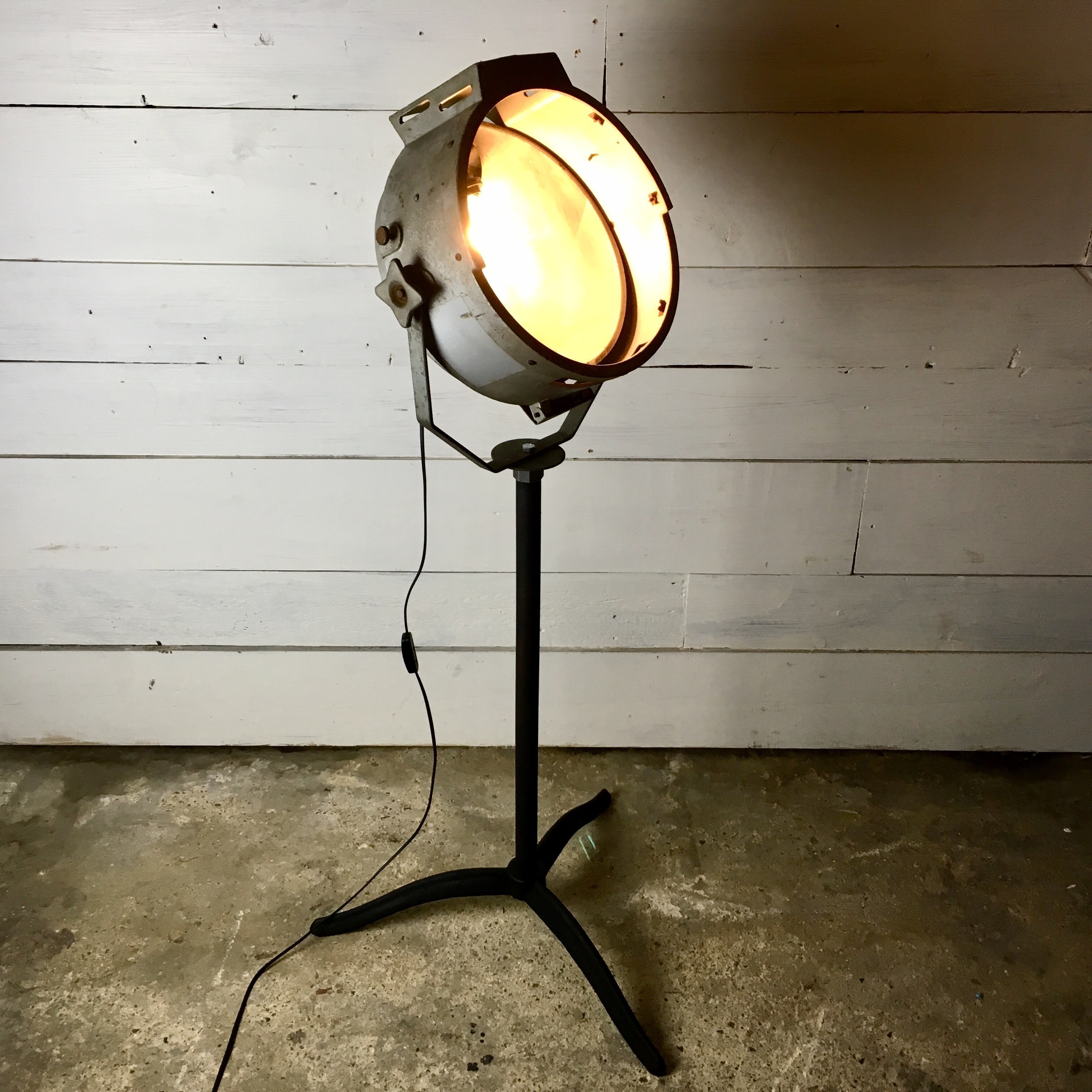 Large Industrial Flood Light Spotlight Converted Floor Lamp On Cast Iron Stand