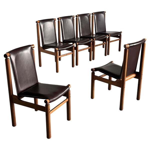 Set Of 6 Vintage Dining Chairs In Dark Brown Leather Att. To Ilmari ...