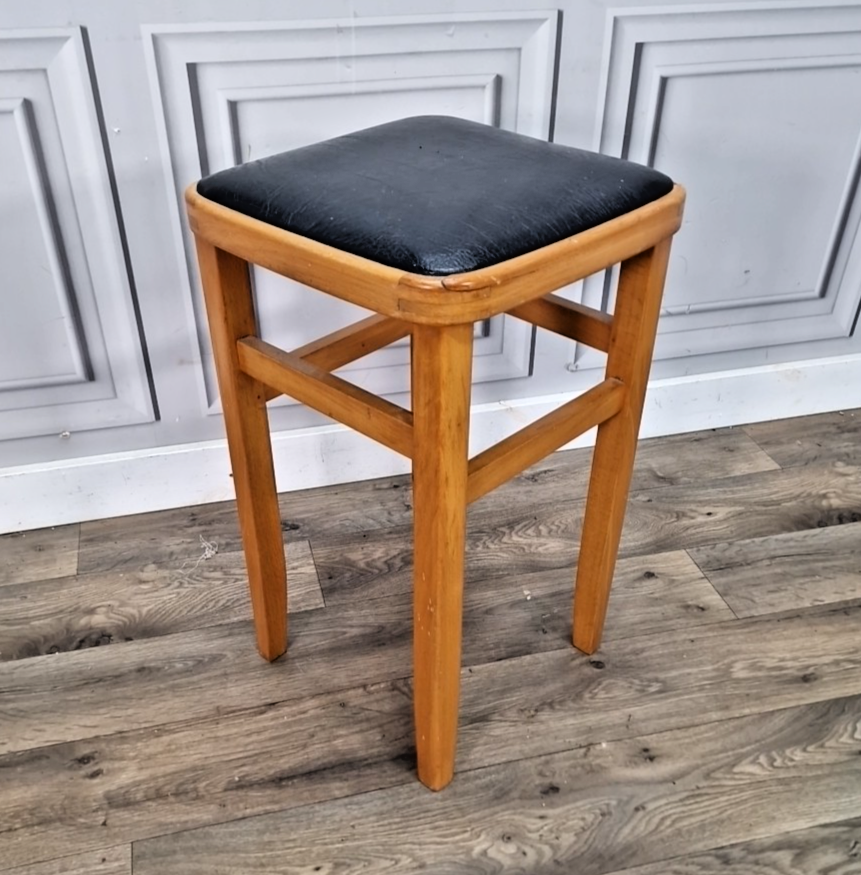 Vintage Wooden Stool Mid Century Black Vinyl Seat – Utility
