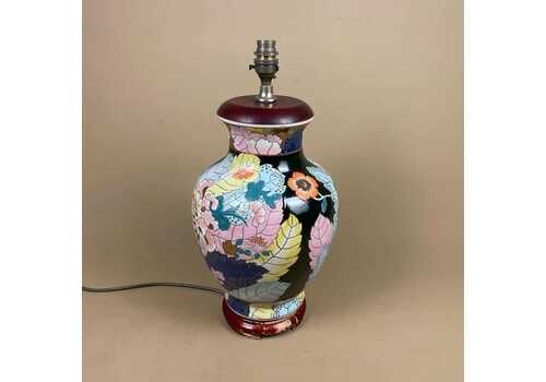 Oriental Ceramic Lamp Light Bedside Table Hand Painted Floral Design Black Pink Chinese Vase Cottage Antique Wood Base Elegant Classic
