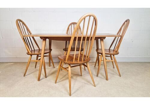 Ercol Windsor Vintage Mid Century Solid Elm Plank Table & Dining Chair Set Pg060